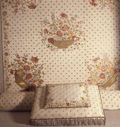 Satin embroidered bed hangings, 1717 by English School